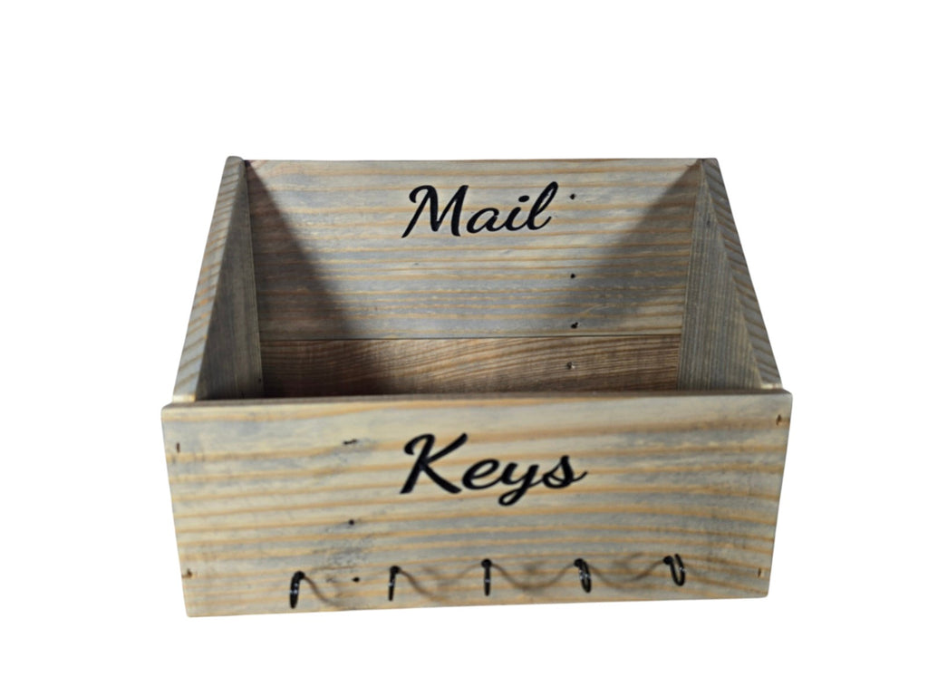 TK Wood Designs rustic distressed wooden wall-mounted mail and key organizer with five black metal hooks.