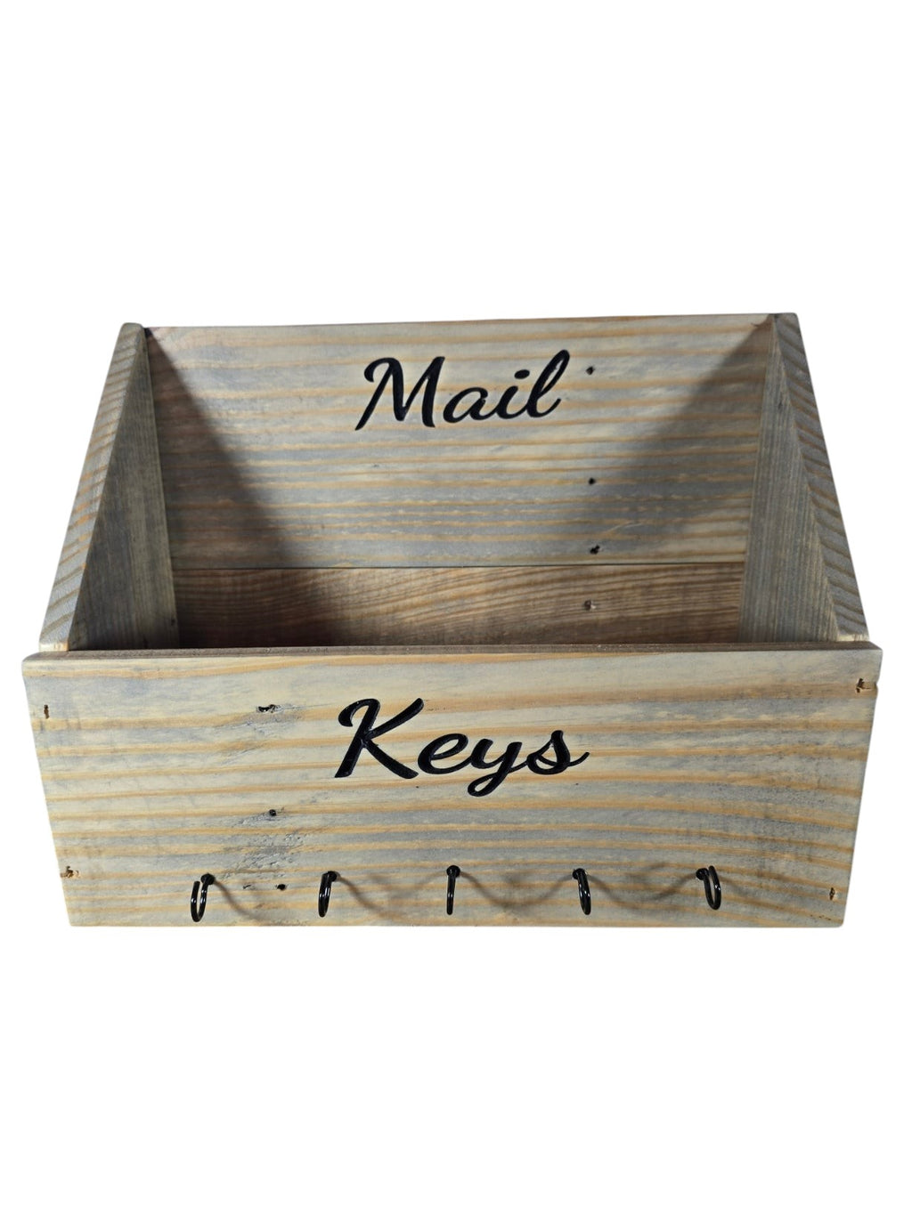 TK Wood Designs rustic wooden wall mounted mail and key organizer with five black metal hooks and black typography