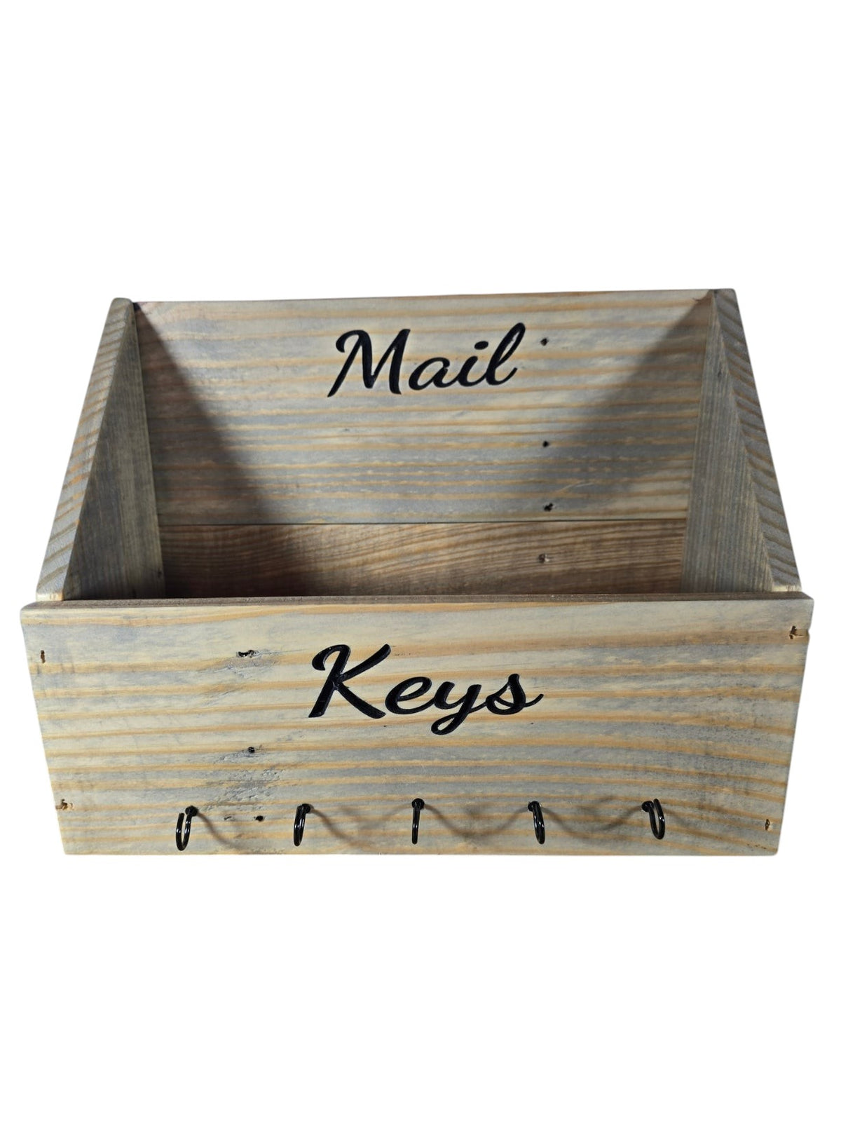 TK Wood Designs rustic wooden wall mounted mail and key organizer with five black metal hooks and black typography