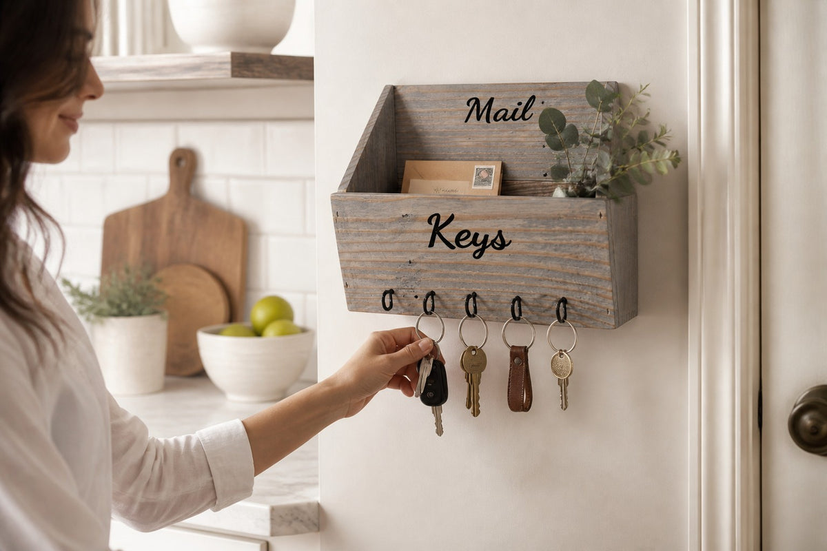 TK Wood Designs rustic wooden wall-mounted mail and key organizer with five black metal hooks in a cozy kitchen.