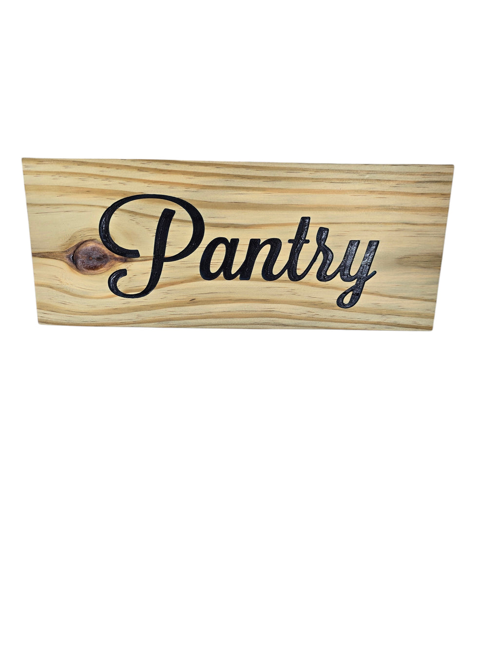 TK Wood Designs rustic wooden pantry sign with black script lettering. Natural wood grain.