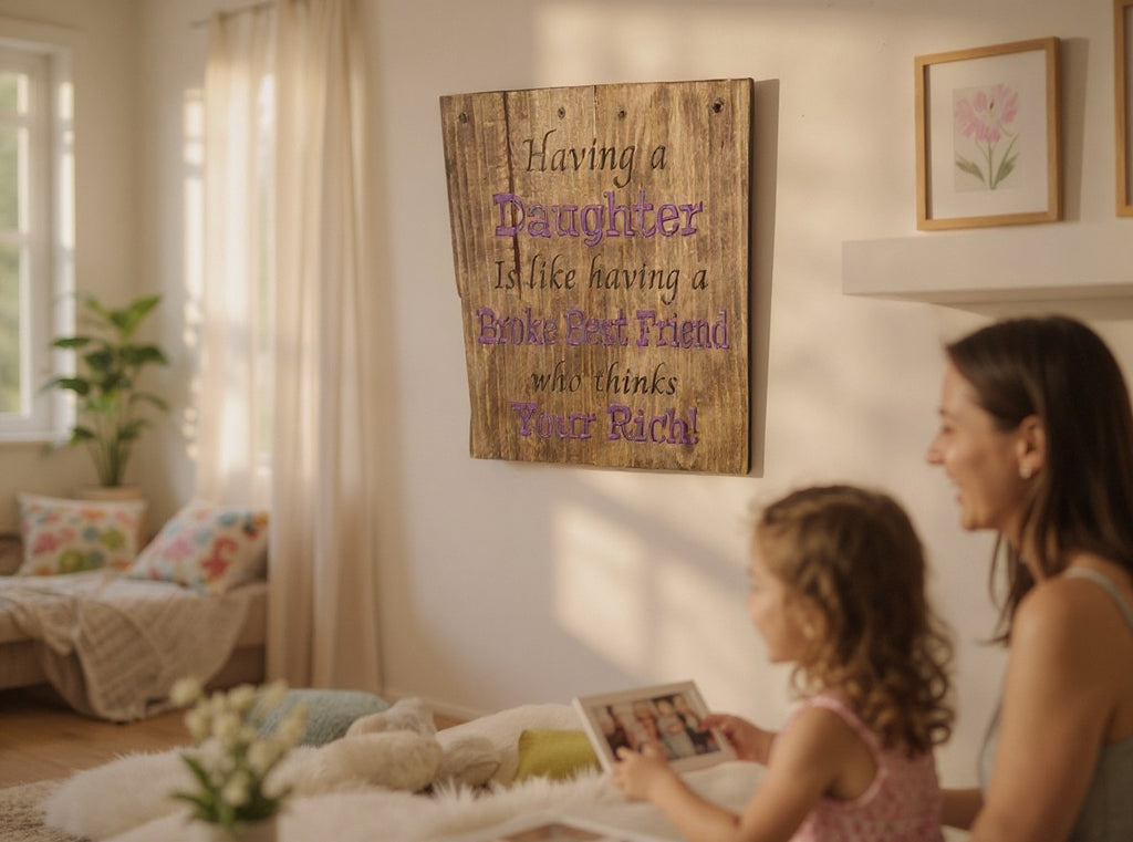TK Wood Designs rustic wooden wall sign with daughter quote hanging in a cozy living room with a mother and child.