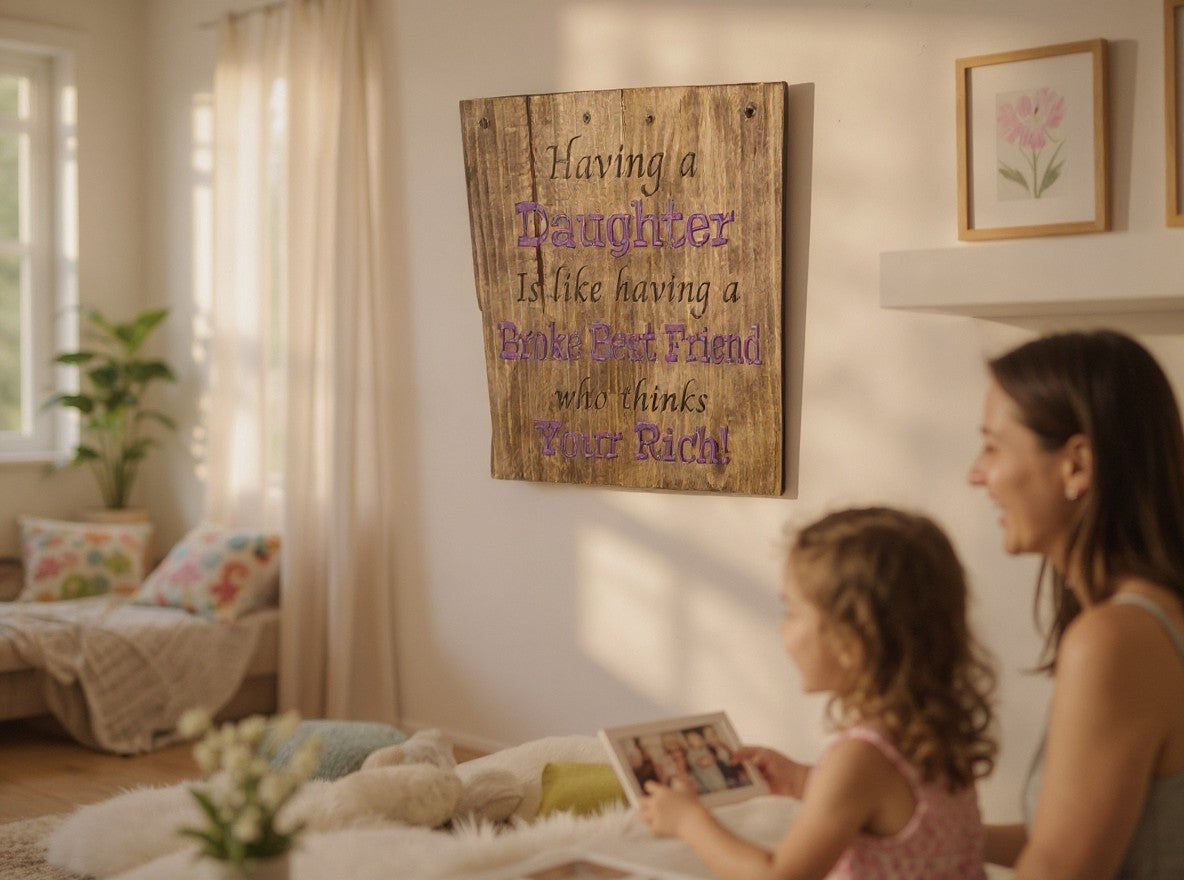 TK Wood Designs rustic wooden wall sign with daughter quote hanging in a cozy living room with a mother and child.