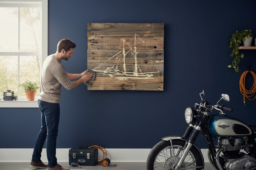 Man cleaning TK Wood Designs rustic wooden sailboat wall art featuring an etched nautical design on reclaimed planks.