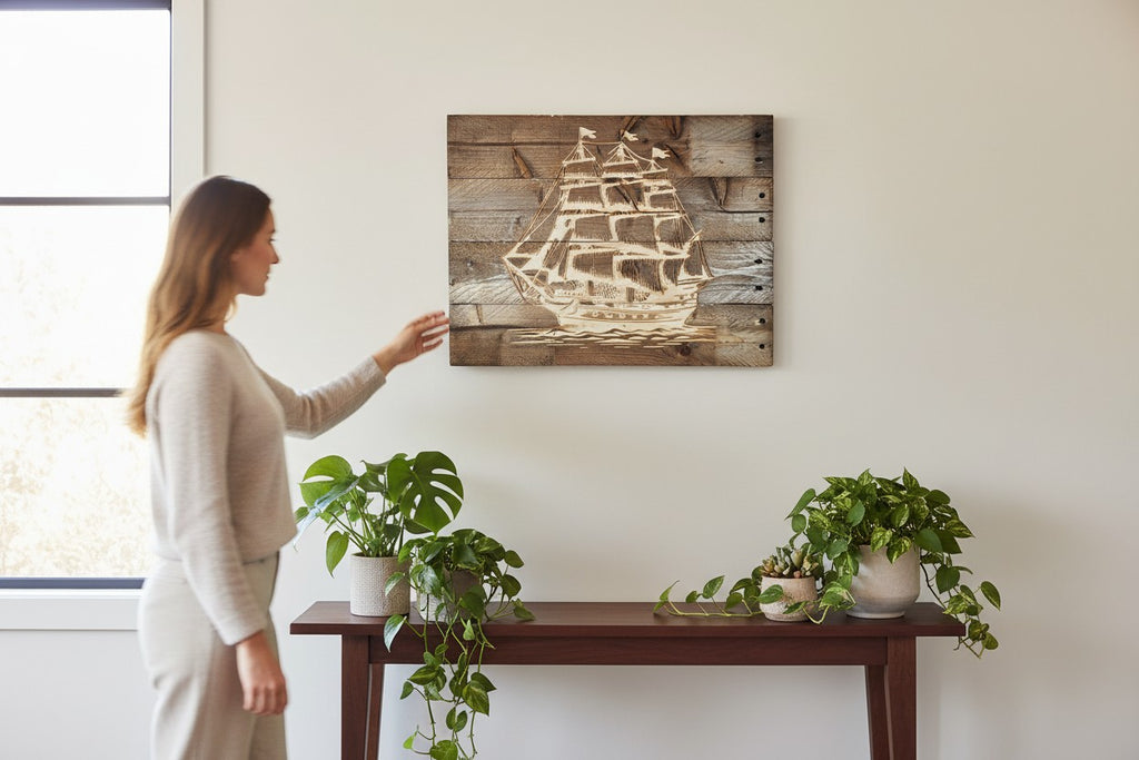 TK Wood Designs rustic wooden wall art featuring a laser-etched sailing ship on weathered planks in a home interior.