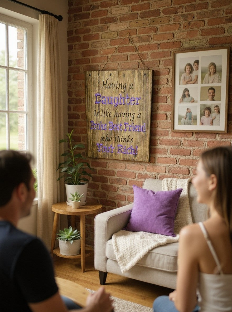 TK Wood Designs rustic wooden wall sign with purple text hanging on a brick wall in a cozy living room