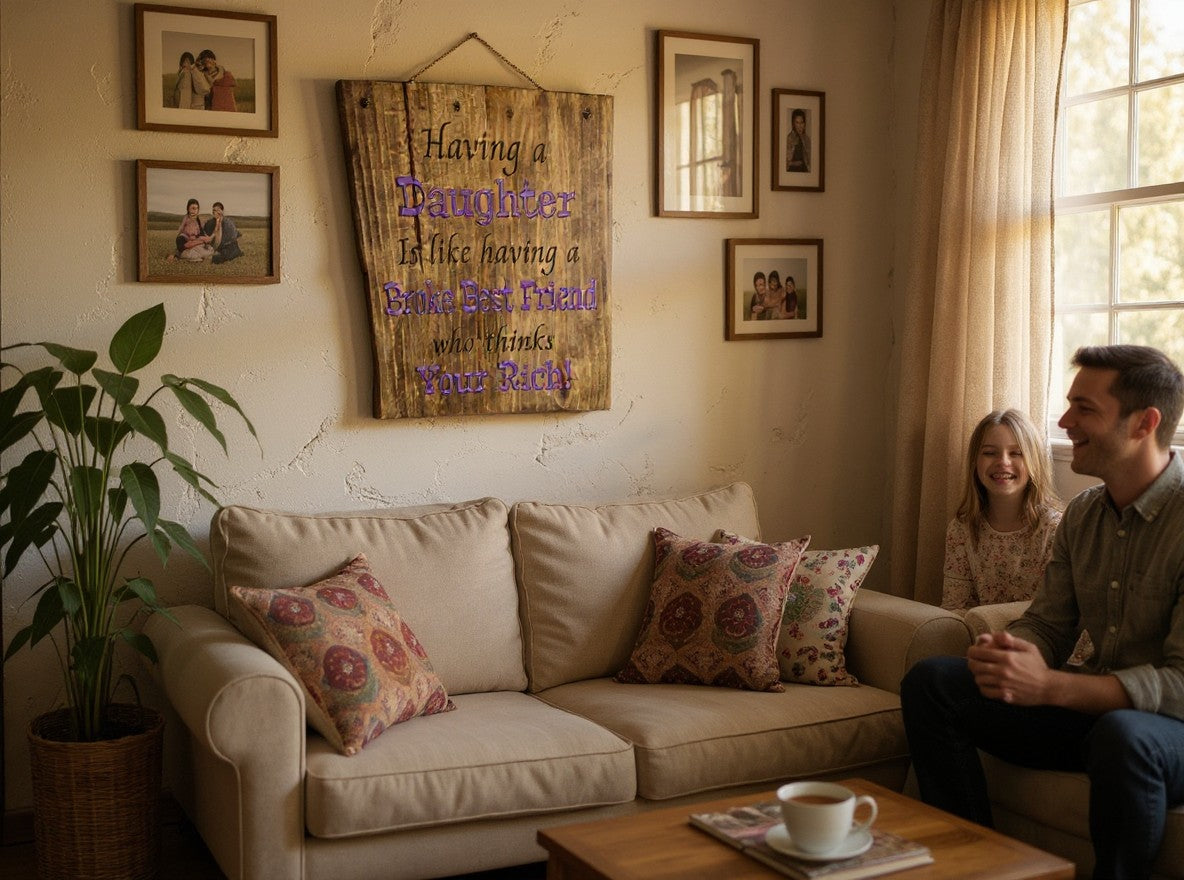 TK Wood Designs rustic wooden sign with daughter quote hanging on a living room wall above a beige sofa