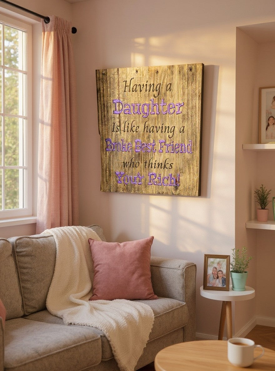 TK Wood Designs rustic wooden wall sign with purple text about daughters, displayed in a cozy living room.