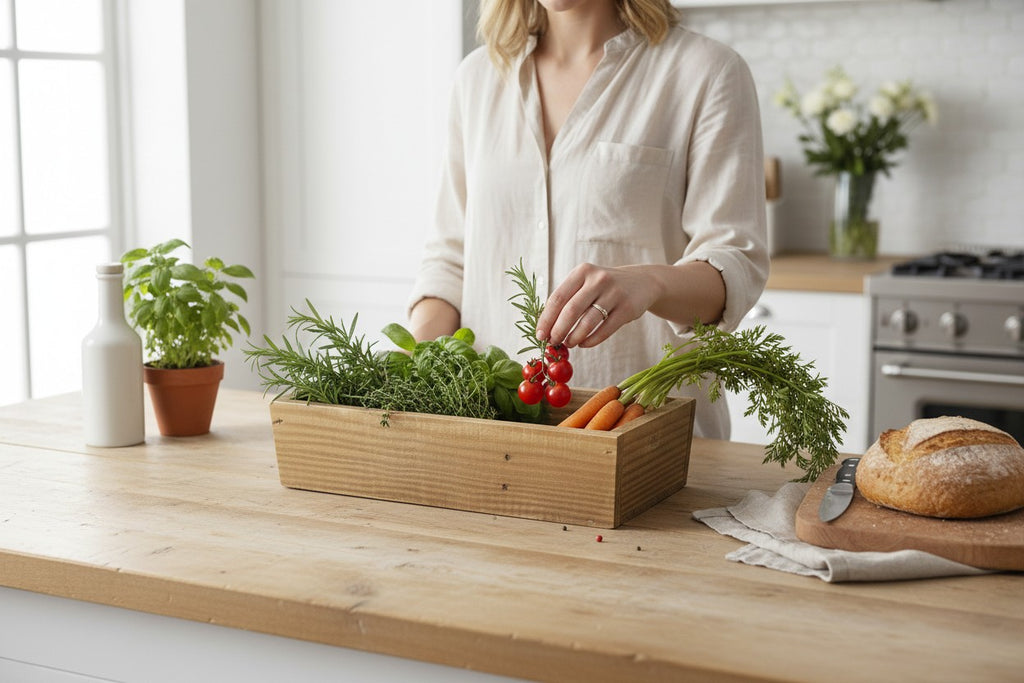 TK Wood Designs rustic rectangular wooden storage tray filled with fresh herbs and vegetables on a kitchen counter.