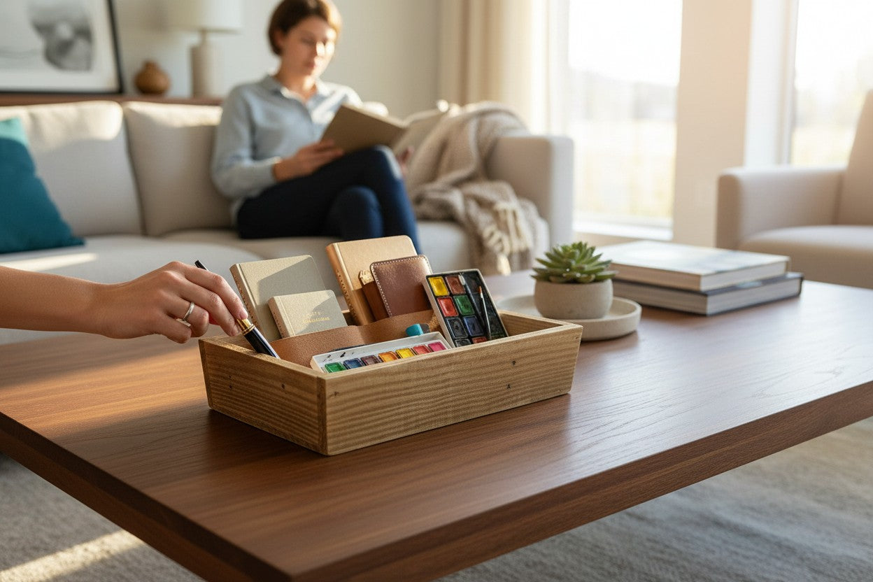 TK Wood Designs rustic rectangular wooden storage tray holding art supplies on a living room coffee table