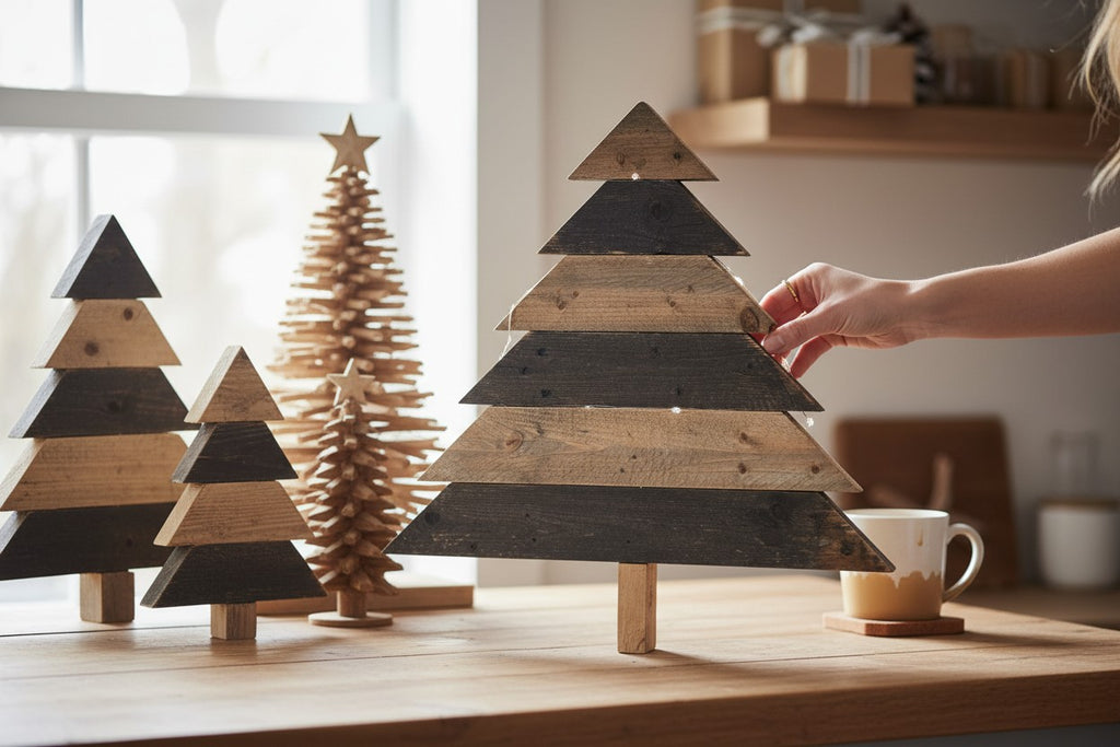 TK Wood Designs rustic tiered Christmas tree decoration made of reclaimed wood with alternating natural and charcoal grey bands.