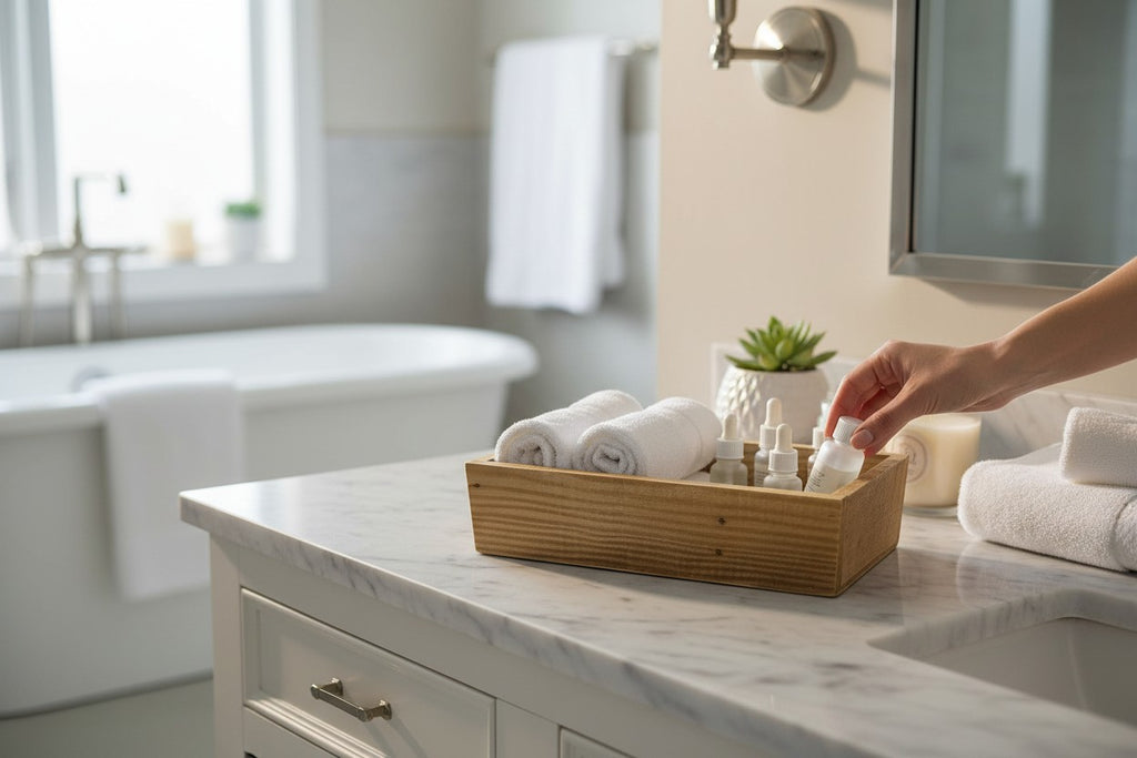TK Wood Designs rustic rectangular wooden storage tray holding toiletries on a marble bathroom vanity counter