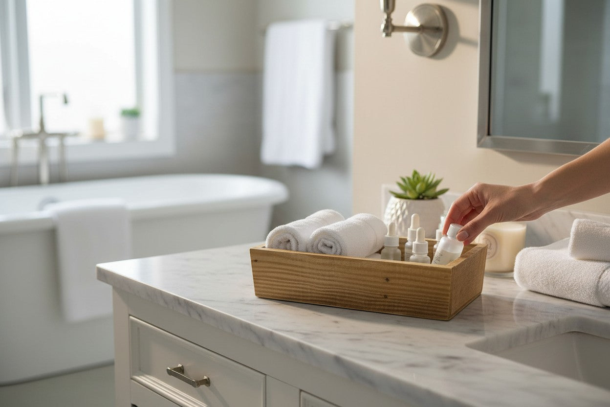 TK Wood Designs rustic rectangular wooden storage tray holding toiletries on a marble bathroom vanity counter