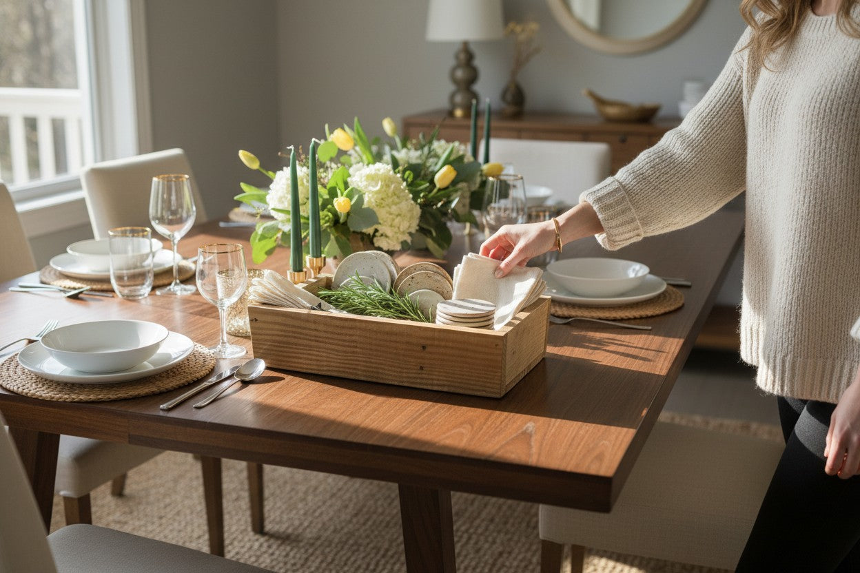 TK Wood Designs rustic rectangular wooden storage tray on a dining table with napkins and greenery