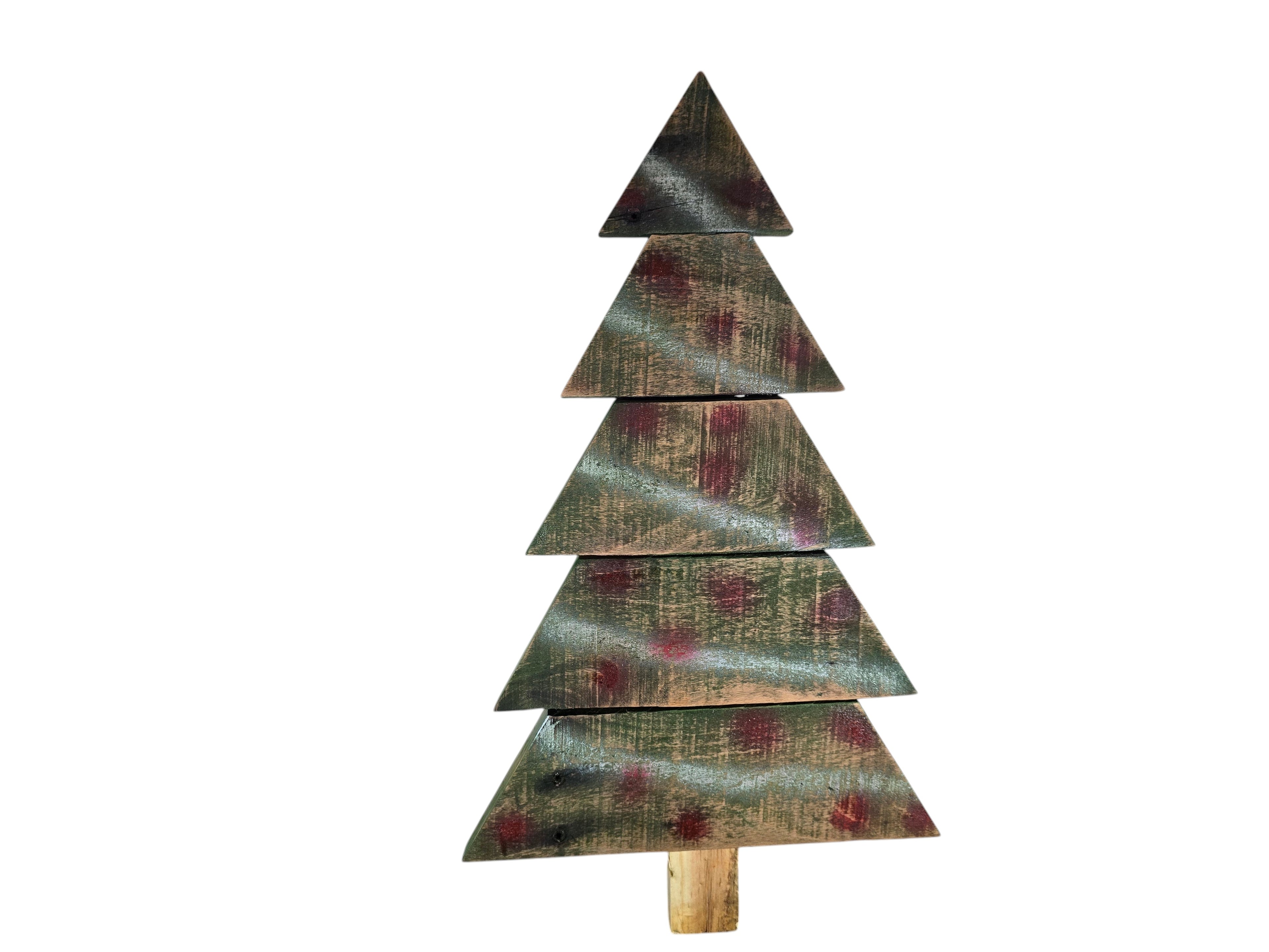 TK Wood Designs rustic wooden wall Christmas tree decoration with distressed green and burgundy paint. 19" H x 11" W.
