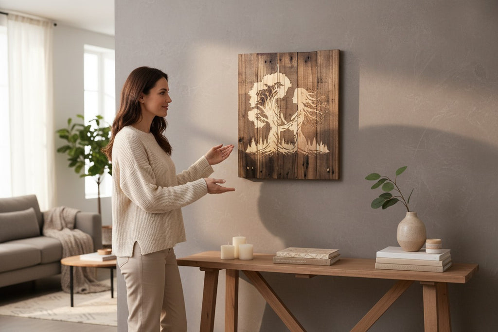 TK Wood Designs rustic wooden wall sign featuring a laser-engraved tree and woman silhouette in a cozy living room.