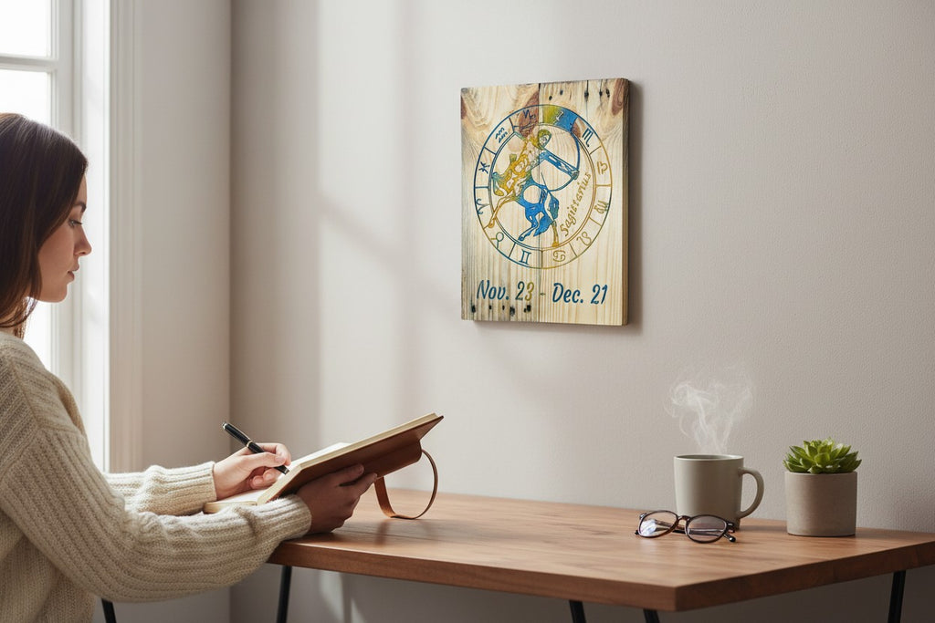 TK Wood Designs Sagittarius zodiac wooden wall art hanging above a desk where a woman writes in a notebook.