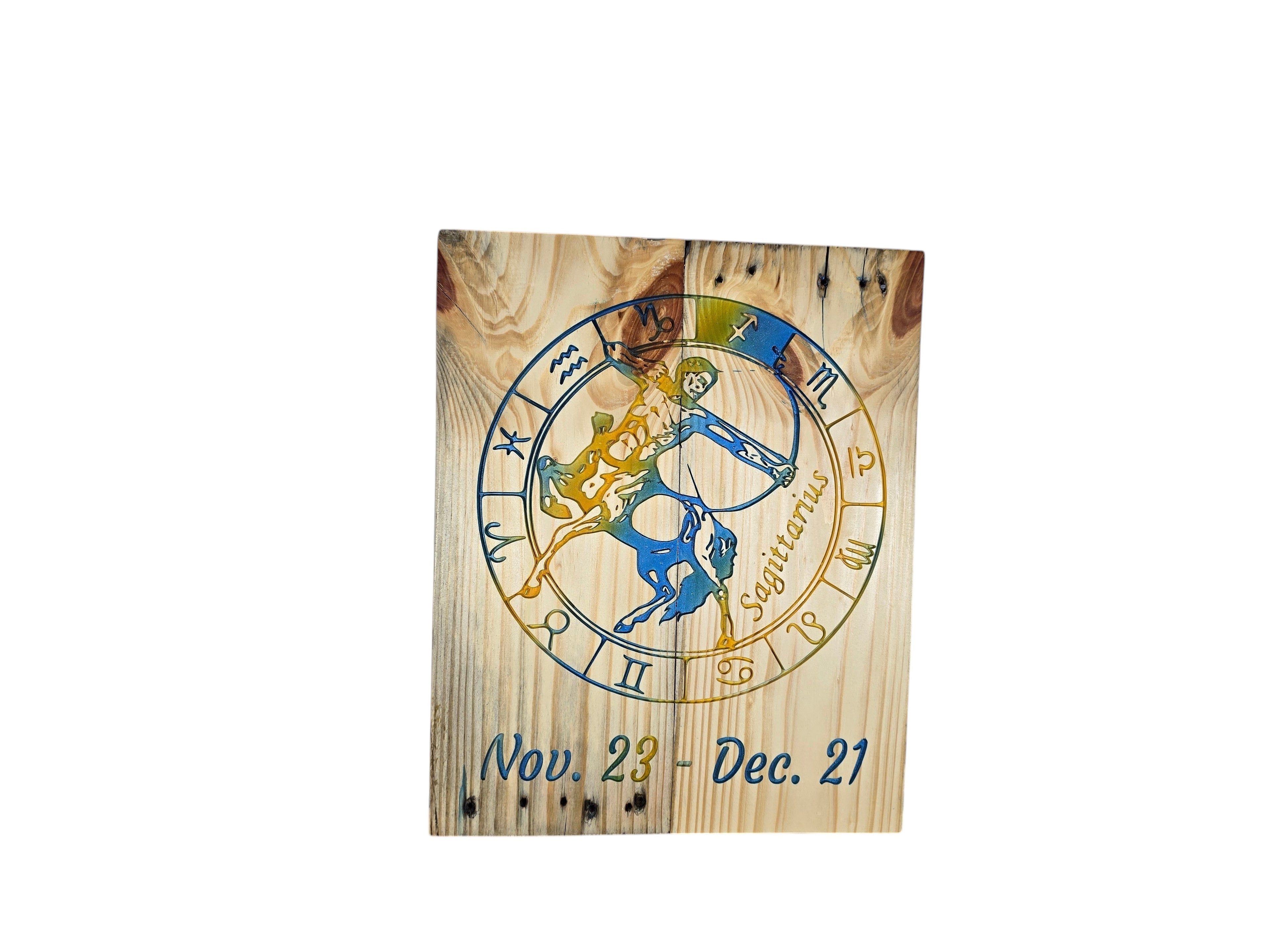 TK Wood Designs Sagittarius zodiac sign wall art on natural wood with colorful etched archer and date range