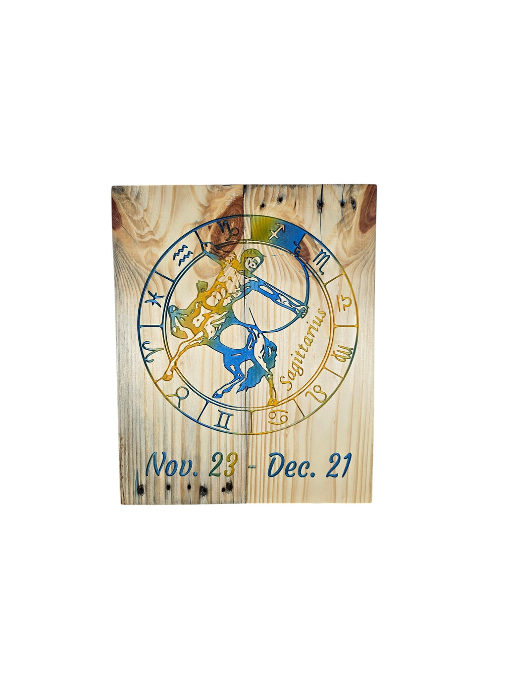 TK Wood Designs Sagittarius zodiac wall art featuring a colorful etched archer on natural wood with date range.