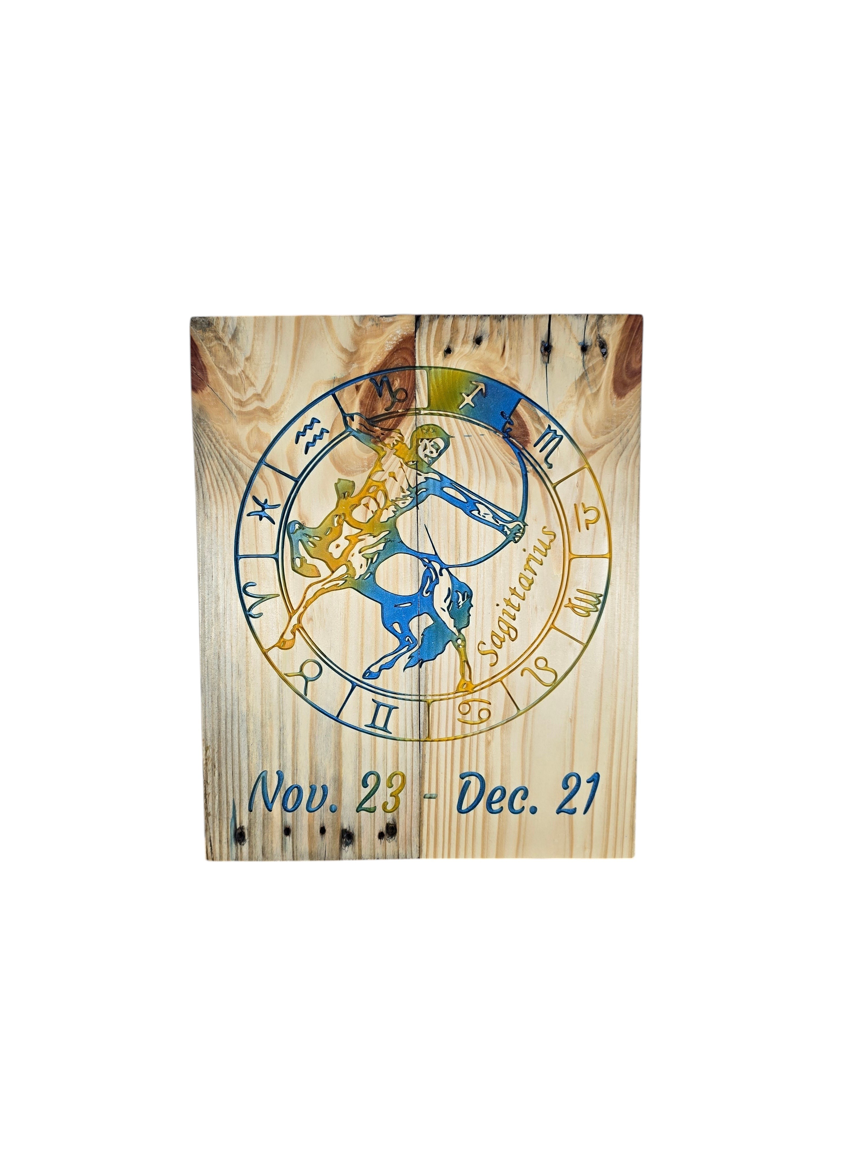 TK Wood Designs Sagittarius zodiac wall art featuring a colorful etched archer on natural wood with date range.