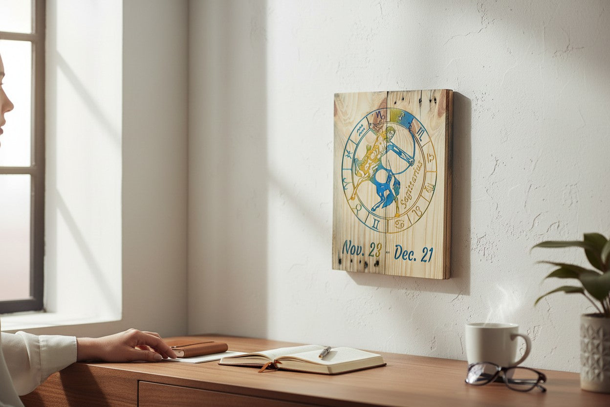 TK Wood Designs Sagittarius zodiac wooden wall art with colorful archer etching hanging above a wooden desk.