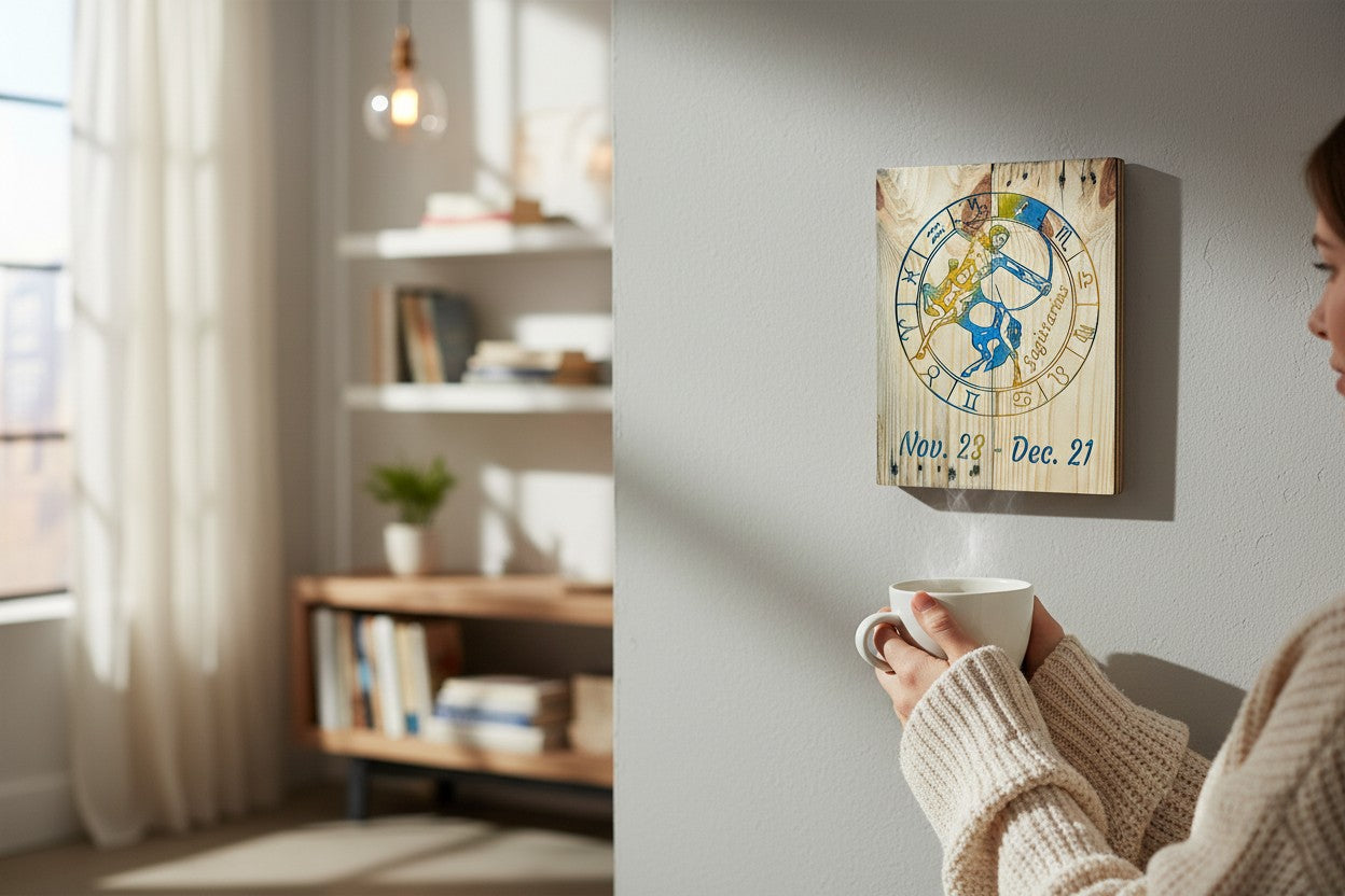TK Wood Designs Sagittarius zodiac wooden wall art with colorful archer illustration hanging on a living room wall.