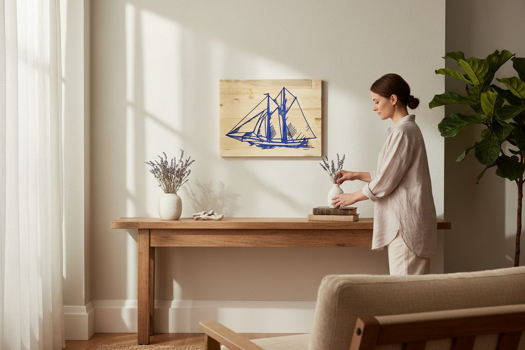 TK Wood Designs blue sailboat wood wall art with detailed rigging and sails on a natural wood plank background.