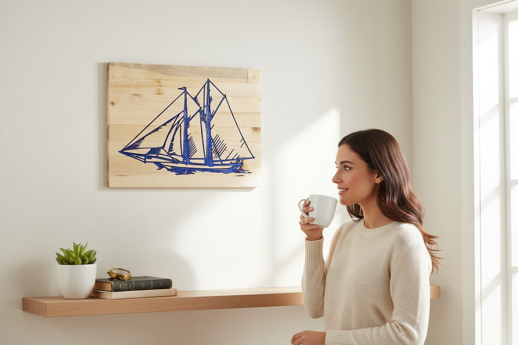 TK Wood Designs blue sailboat wood wall art with detailed rigging and sails on a light wood plank background.