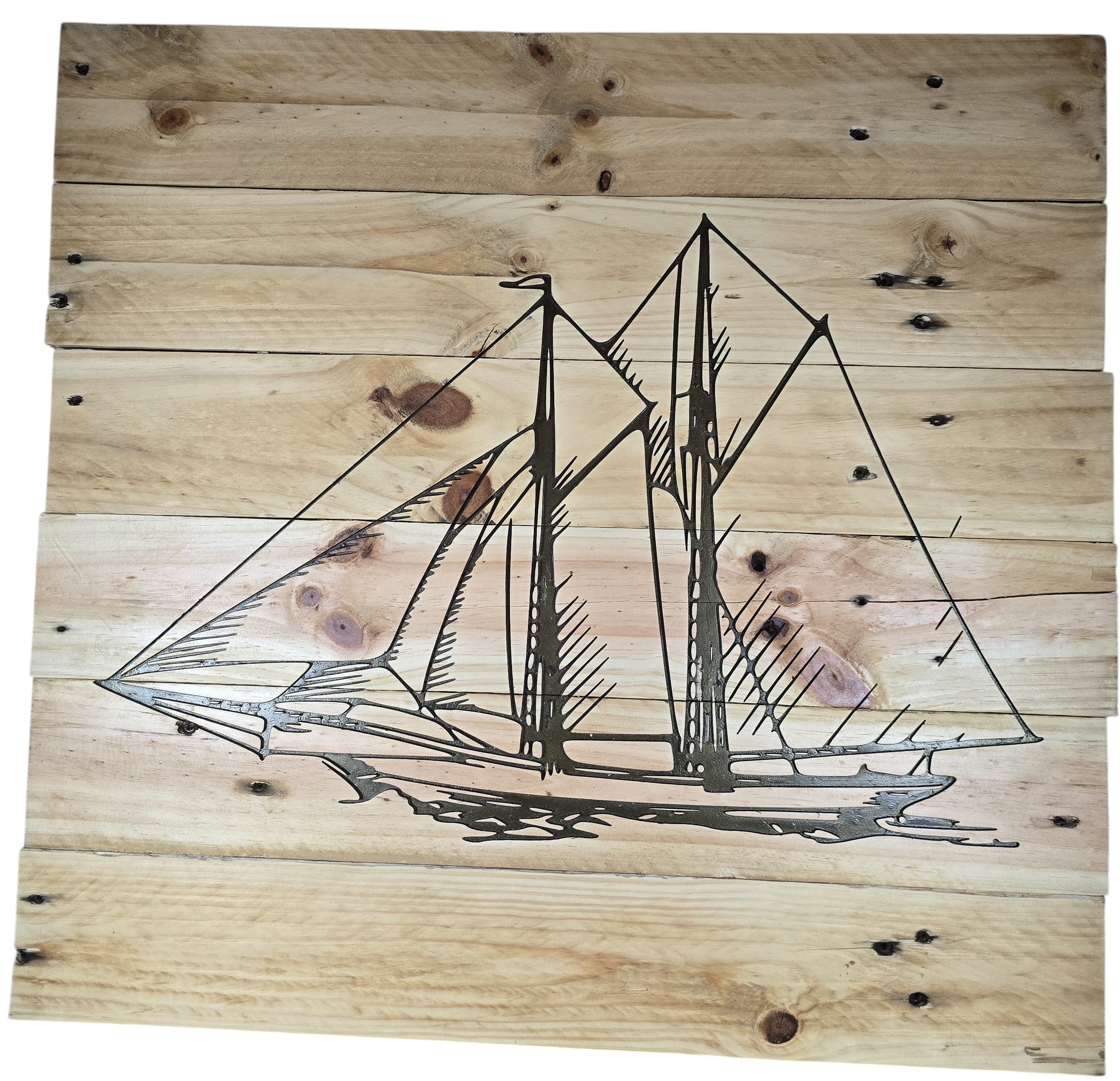 TK Wood Designs natural wood plank wall art featuring an etched sailboat design. Rustic maritime decor.