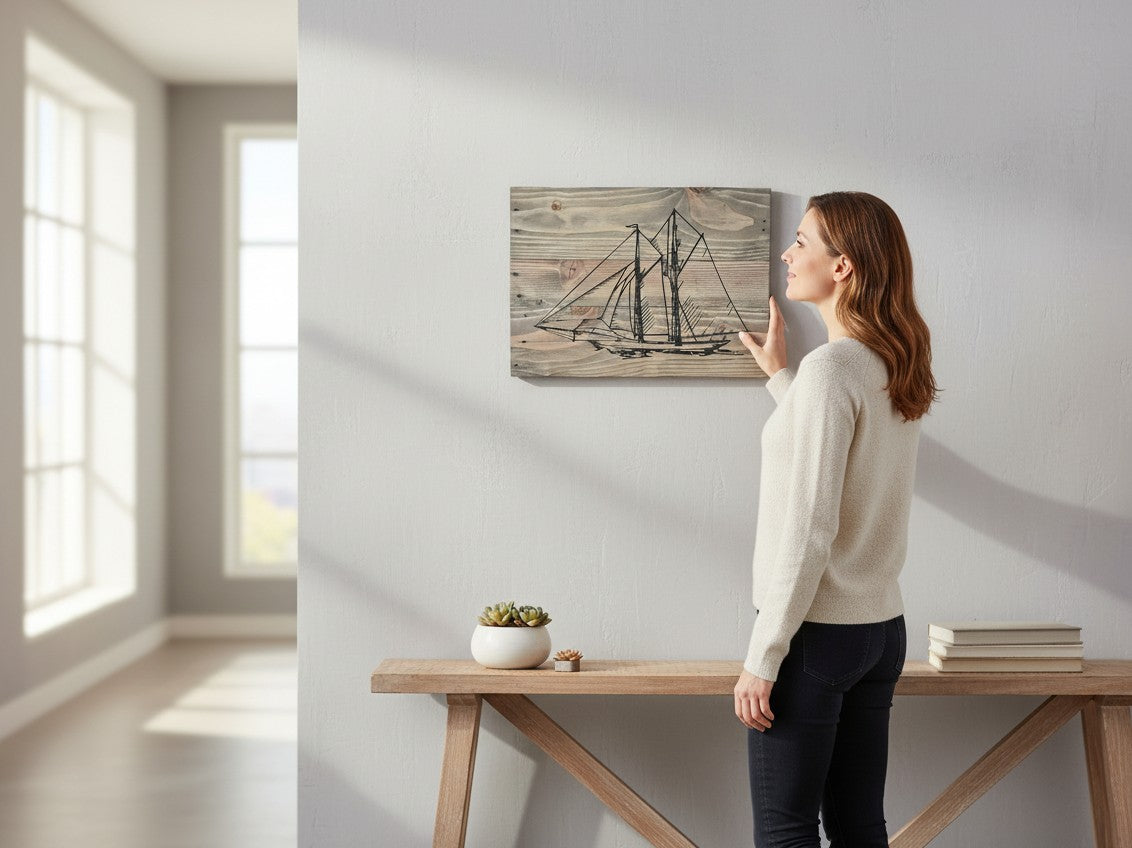 TK Wood Designs handcrafted rustic wooden wall art featuring a detailed sailboat illustration on a weathered board.