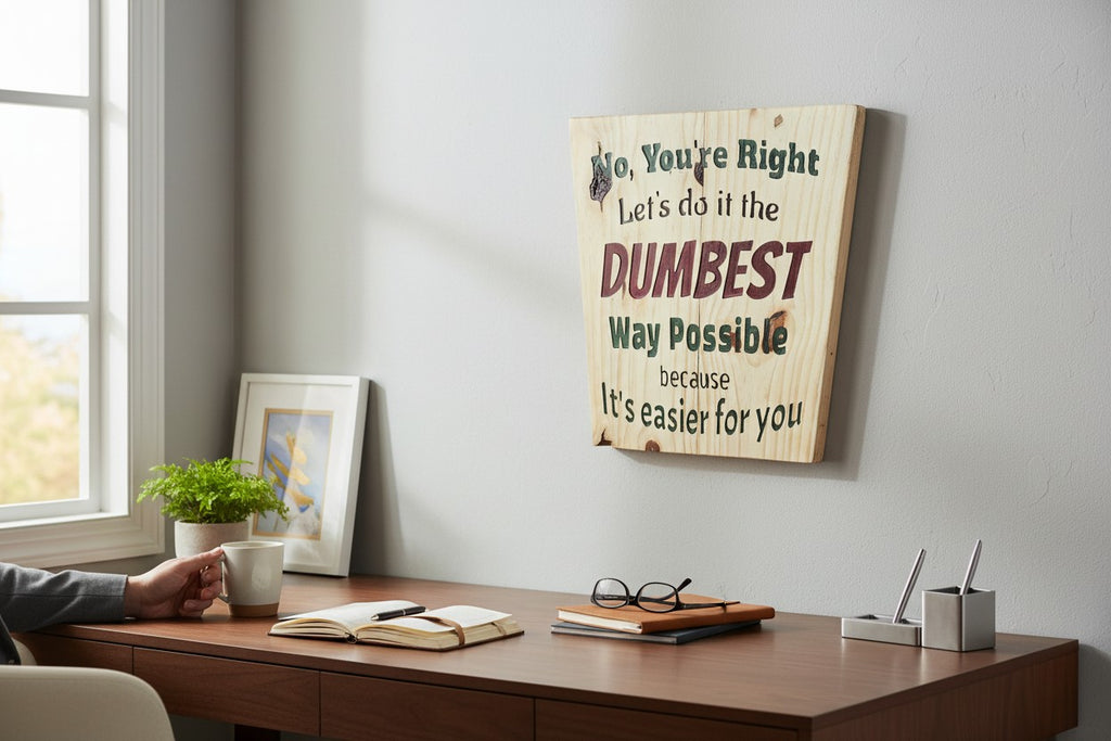 TK Wood Designs salvaged wood sign with hand-painted lettering: "No, You're Right Let's do it the DUMBEST Way Possible because It's easier for you."