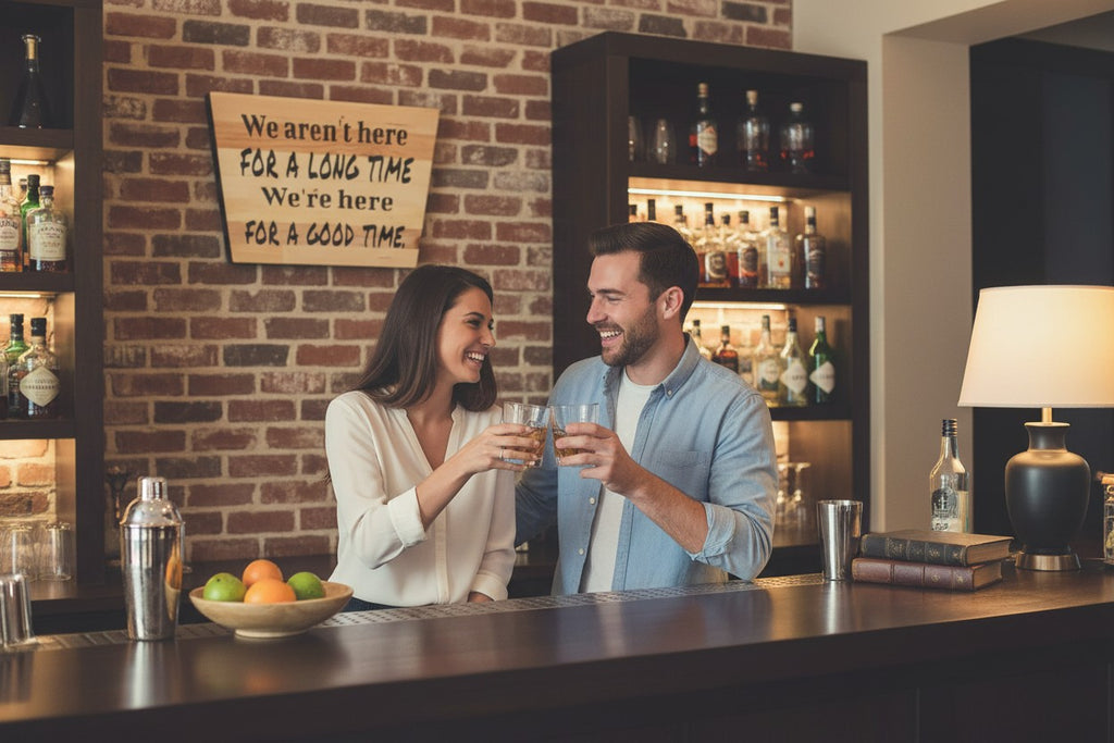 TK Wood Designs wooden sign with black text reading "We aren't here for a long time, We're here for a good time."