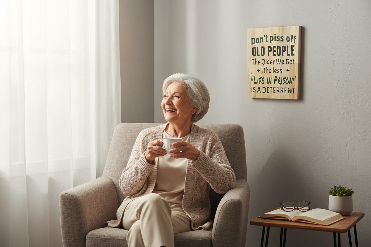 TK Wood Designs rustic salvaged wood sign with humorous quote "Don't piss off old people".