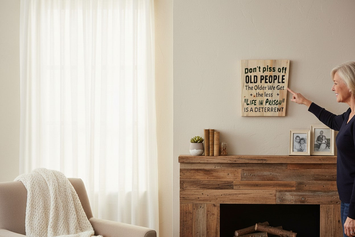 TK Wood Designs rustic salvaged wood sign with humorous quote about old people. Natural wood finish.