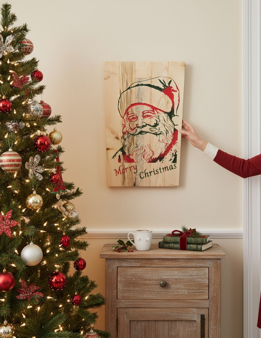 TK Wood Designs rustic reclaimed wood Santa Claus sign with red and green painted details and 'Merry Christmas' text.