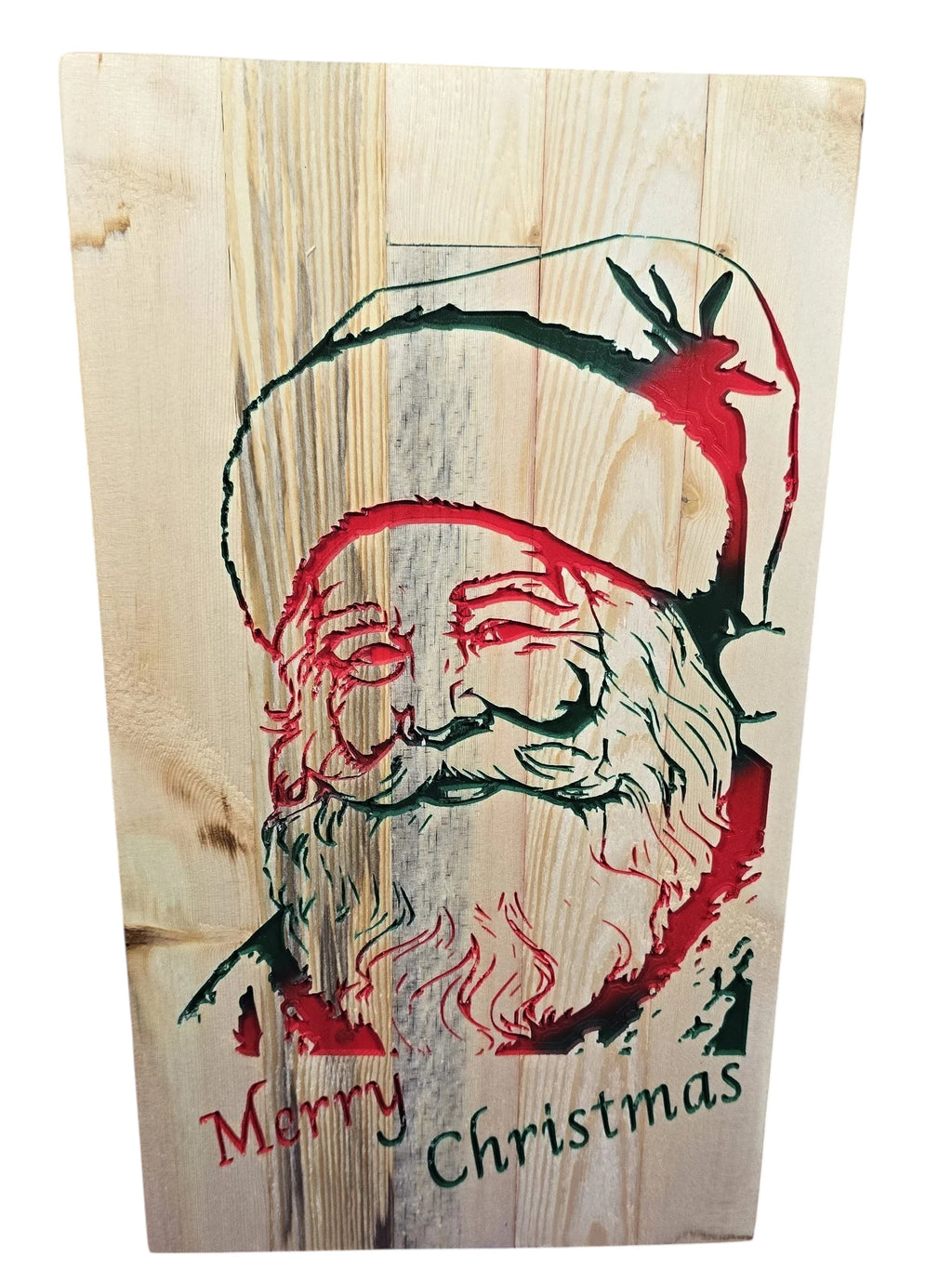 TK Wood Designs rustic reclaimed wood Santa Claus sign with red and green details and "Merry Christmas" text.