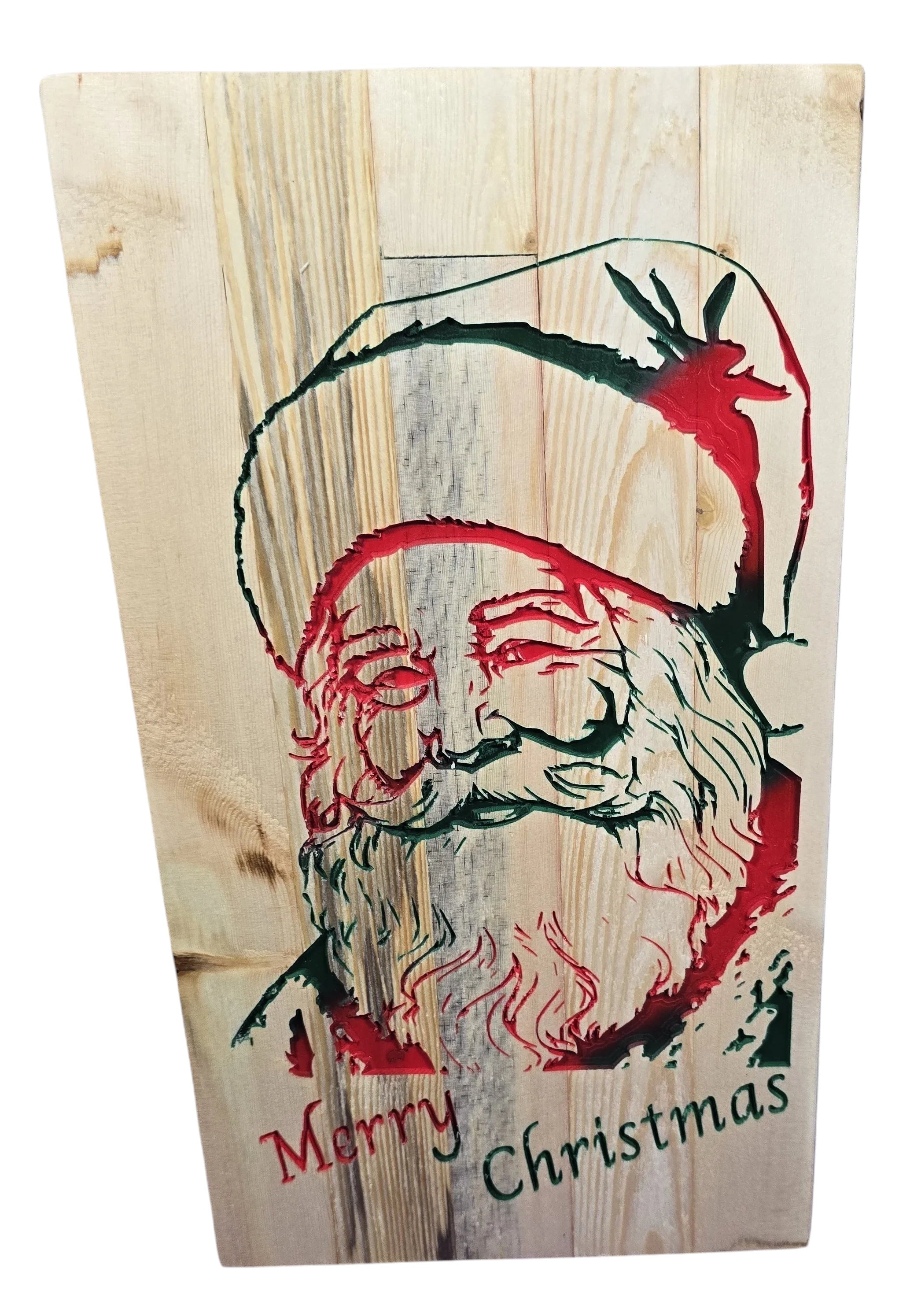 TK Wood Designs rustic reclaimed wood Santa Claus sign with red and green accents and "Merry Christmas" text.