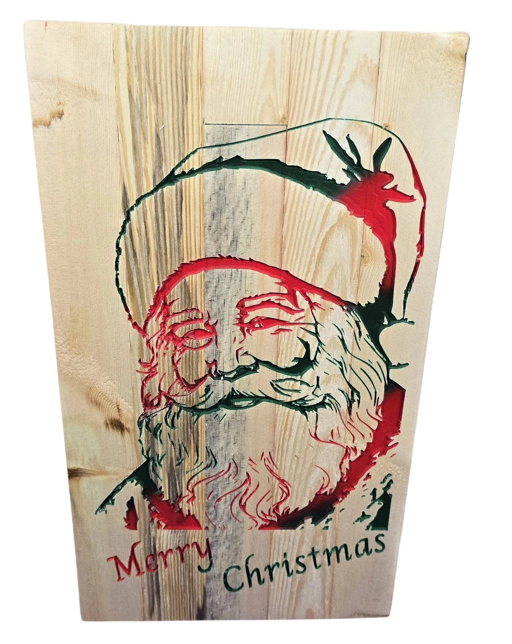 TK Wood Designs Santa Clause sign made from reclaimed wood with red and green painted details and 'Merry Christmas' text.