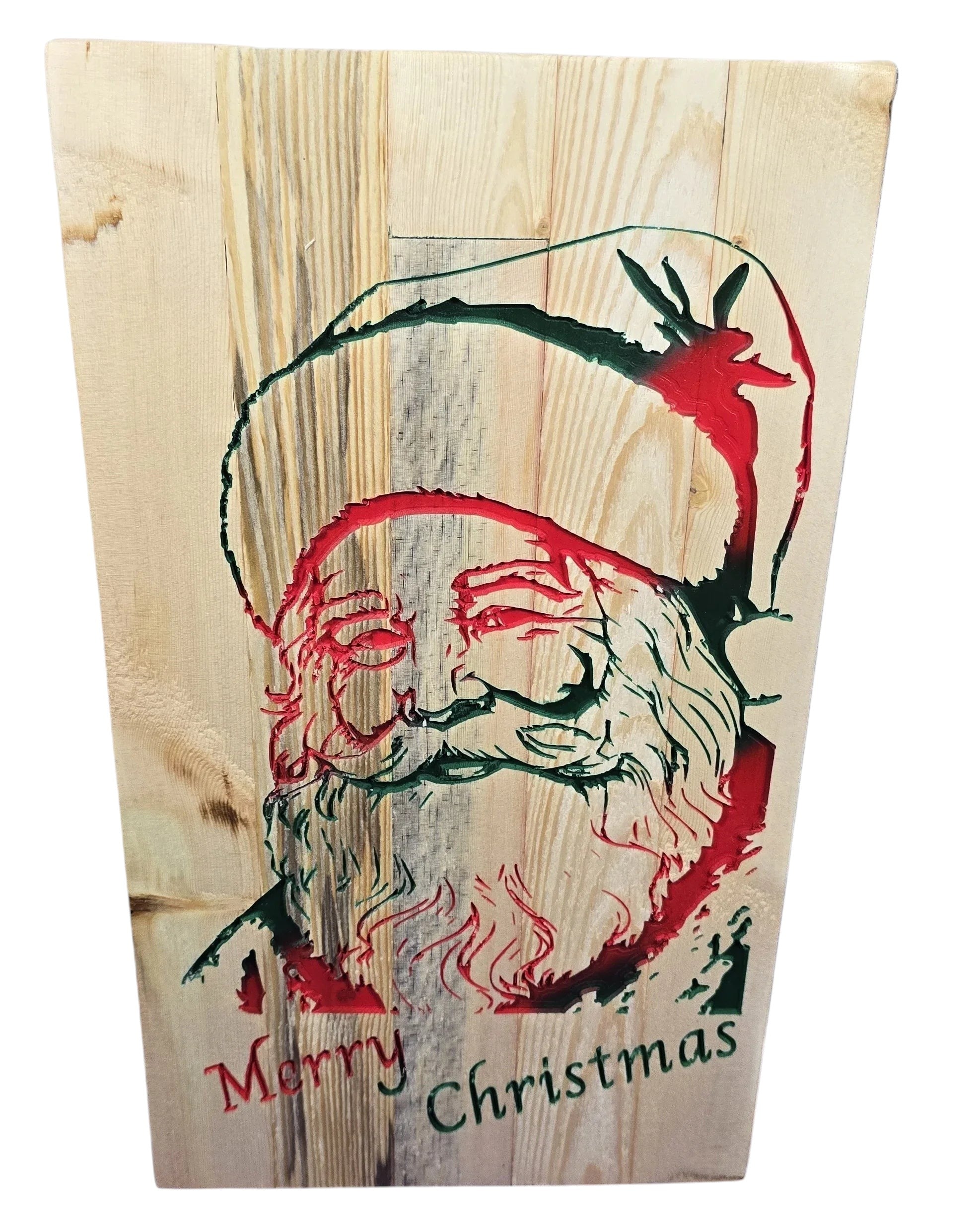TK Wood Designs Santa Clause sign made from reclaimed wood with red and green painted details and 'Merry Christmas' text.