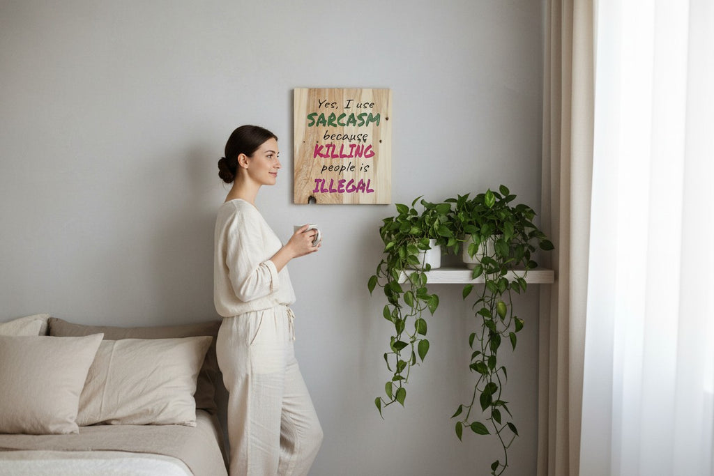 TK Wood Designs rustic wooden sign with "Yes, I use SARCASM because KILLING people is ILLEGAL" in green, pink, and black lettering.