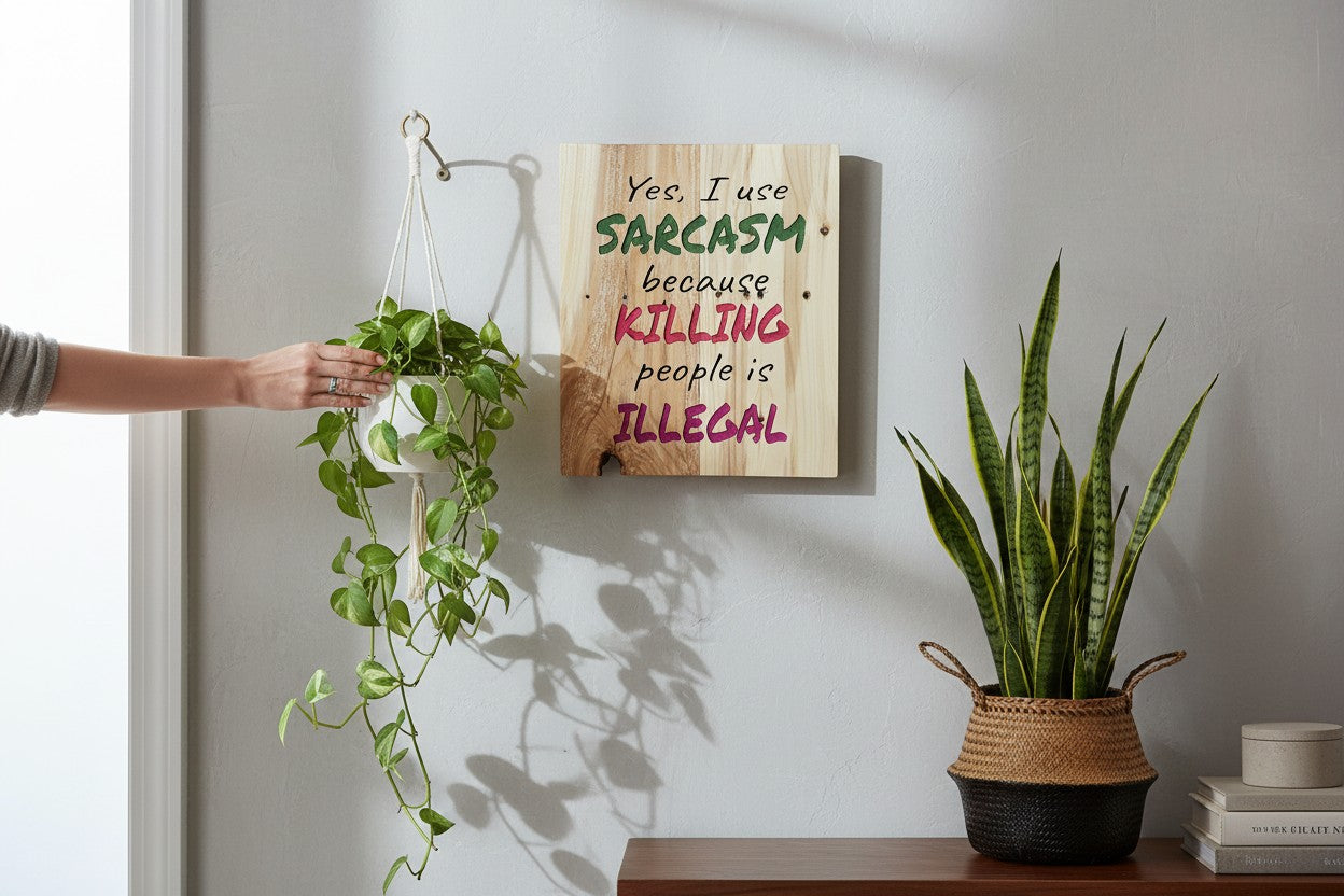 TK Wood Designs rustic wooden sign with "Yes, I use SARCASM because KILLING people is ILLEGAL" in green, pink, and black lettering.