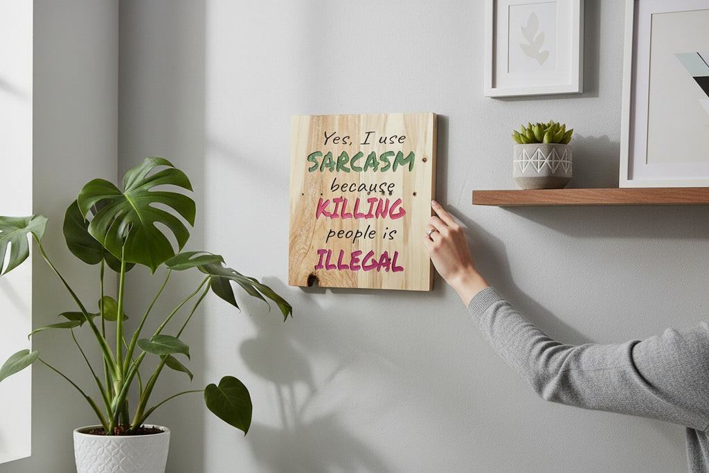 TK Wood Designs rustic wooden sign with "Yes, I use SARCASM because KILLING people is ILLEGAL" in green, pink, and black lettering.