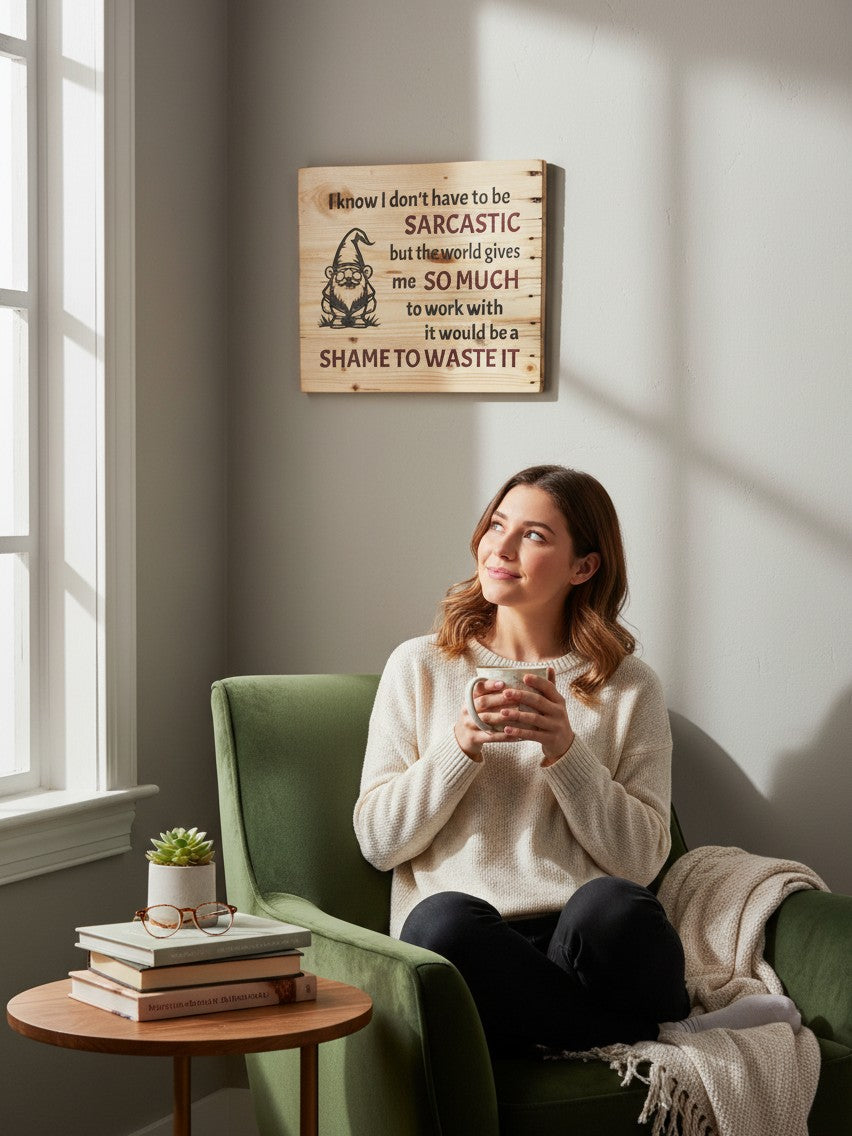 TK Wood Designs decorative wooden sign with a sarcastic gnome quote hanging on a wall above a woman in a green chair