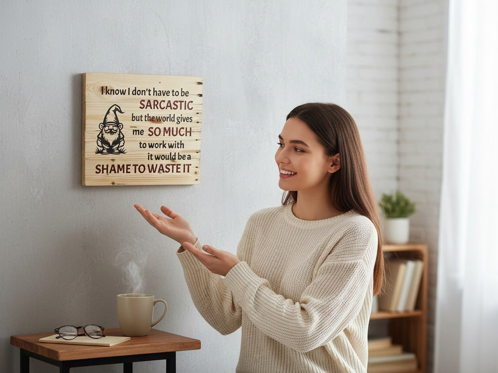A woman gesturing toward a TK Wood Designs wooden sign featuring a gnome illustration and a humorous sarcastic quote.