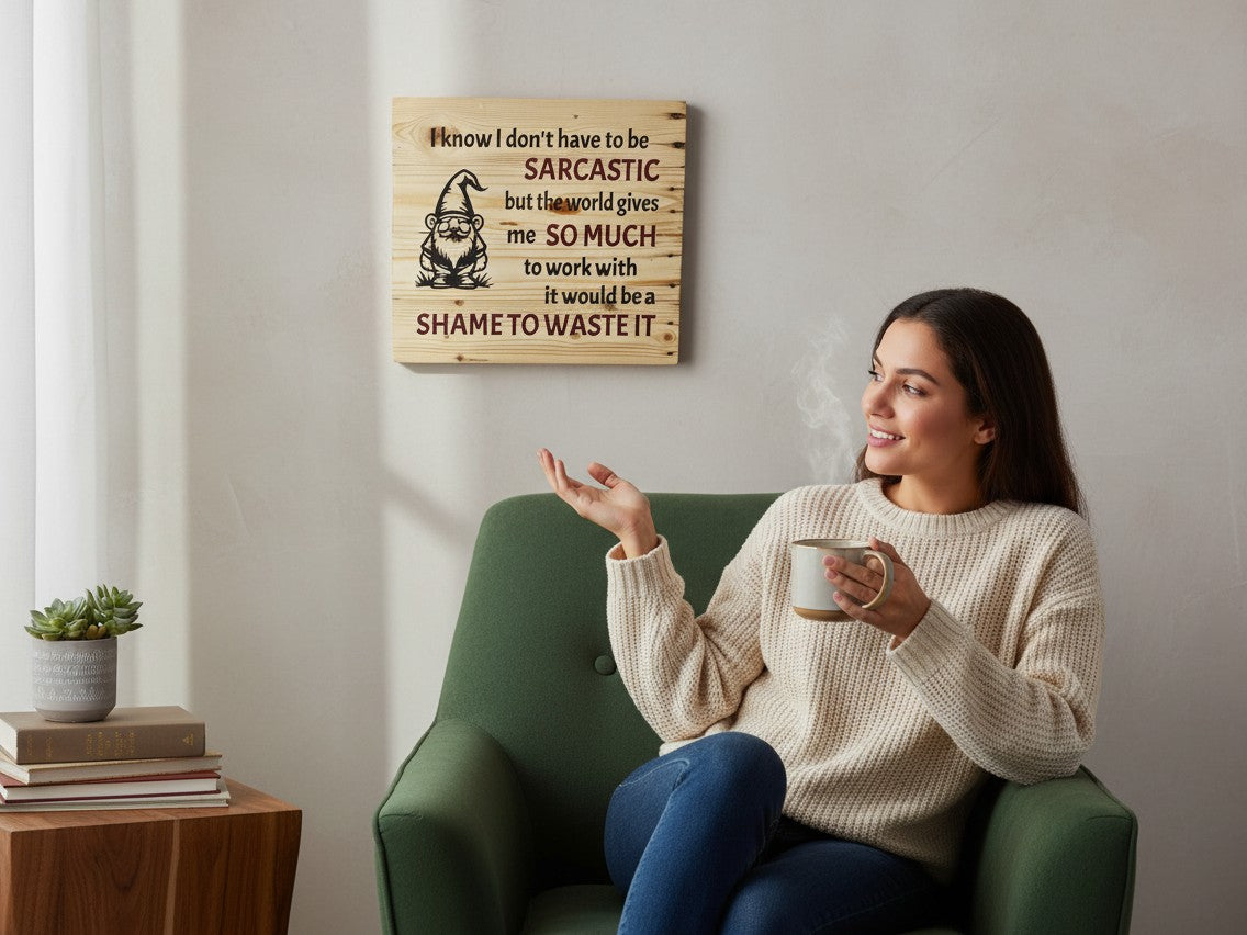 TK Wood Designs square wooden sign with a sarcastic gnome quote hanging on a wall above a woman in a green chair.