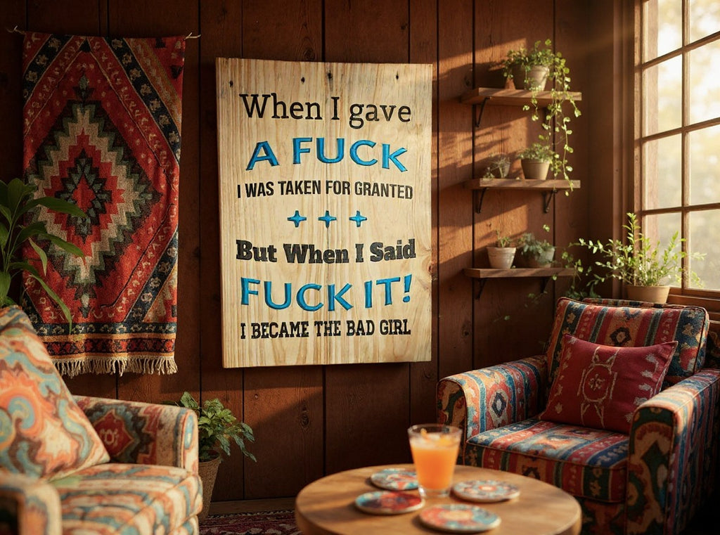TK Wood Designs rustic wooden wall sign with sassy black and blue typography hanging in a cozy living room.