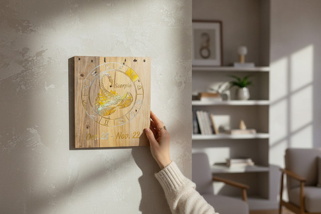 TK Wood Designs Scorpio zodiac sign engraved wooden wall art plaque with scorpion emblem on a light interior wall.