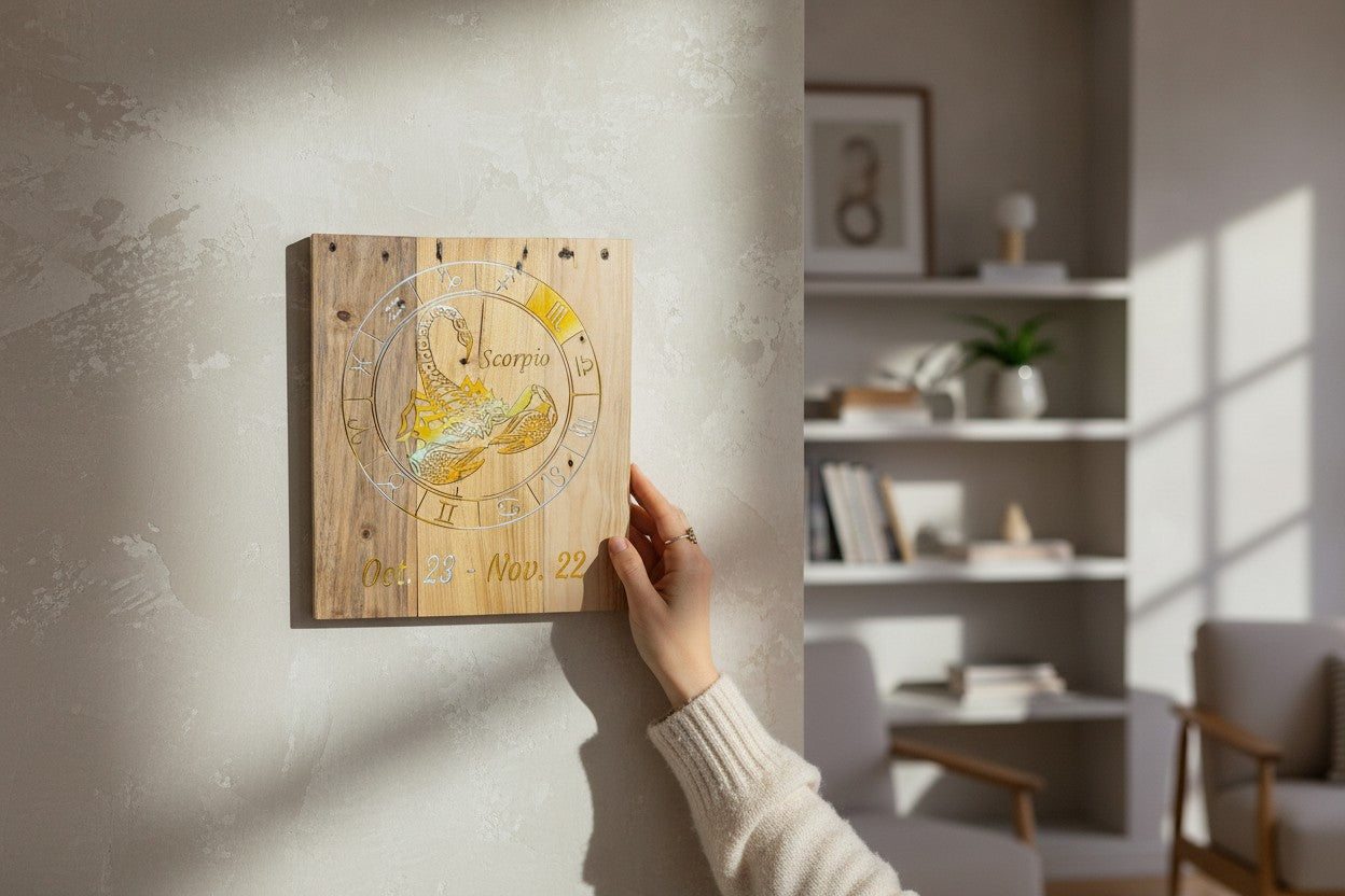 TK Wood Designs Scorpio zodiac sign engraved wooden wall art plaque with scorpion emblem on a light interior wall.
