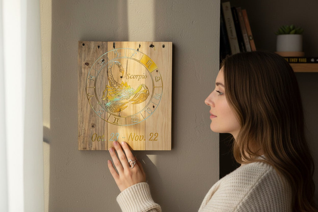 Woman touching a TK Wood Designs Scorpio zodiac sign engraved wooden wall art plaque with a natural wood grain finish.