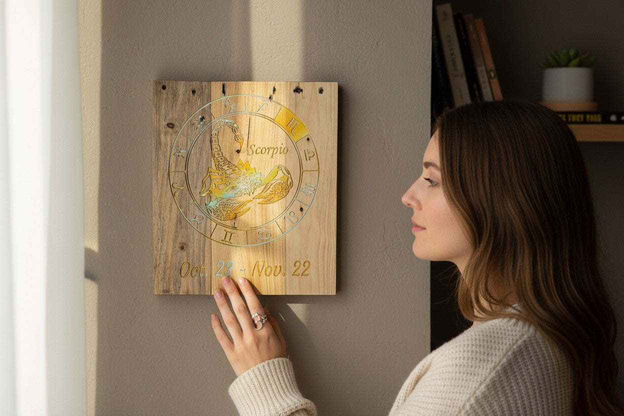 Woman touching a TK Wood Designs Scorpio zodiac sign engraved wooden wall art plaque with a natural wood grain finish.